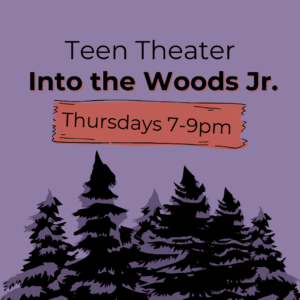 The words "Teen Theater: Into the Woods Jr." hover over an ominous forest